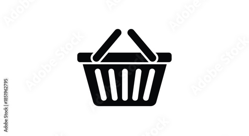 Minimalist black silhouette icon depicts a shopping basket isolated on a clean white background symbolizing retail purchase or market activity.