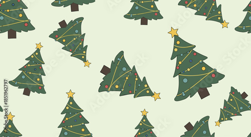 Playful seamless pattern features whimsical Christmas trees adorned with festive lights and shining stars scattered across a light green background.