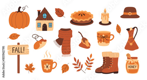 Extensive collection features various autumn and harvest themed elements including pumpkins a cozy house pie candles boots and honey on white.