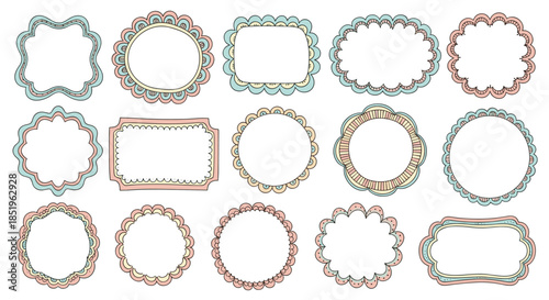 A charming collection of hand-drawn doodle frames with scalloped edges and decorative details in soft pastel colors.