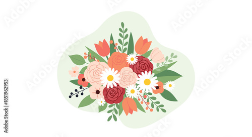 A beautiful spring floral bouquet featuring a mix of colorful tulips roses daisies and green foliage on a light green background.