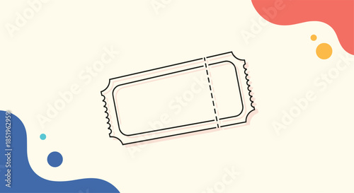 A simple outline drawing of a ticket with a perforated line against a background of abstract colorful organic shapes.