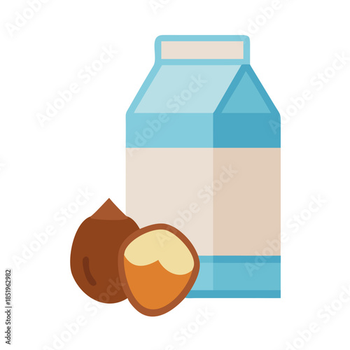 Hazelnut milk carton with hazelnuts on a white background