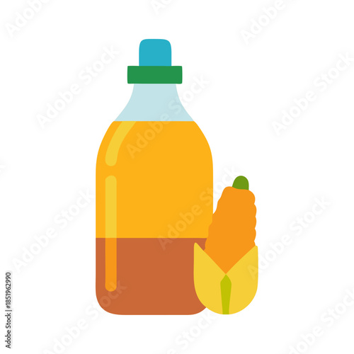 Corn oil bottle with corn cob on white background