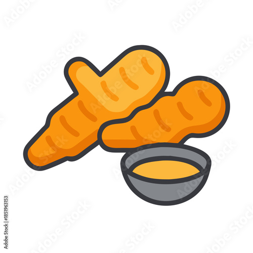 Two turmeric roots with a bowl of turmeric paste