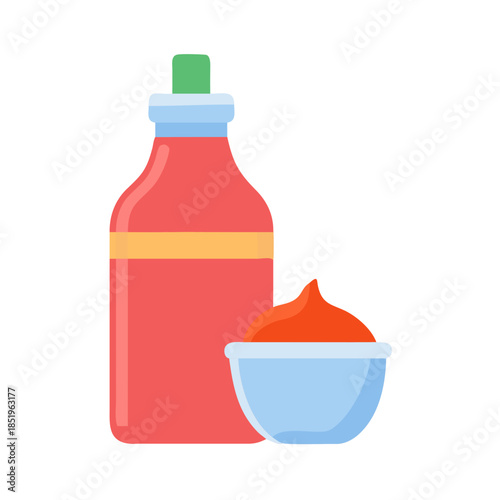 Stylized illustration of ketchup bottle and bowl on white