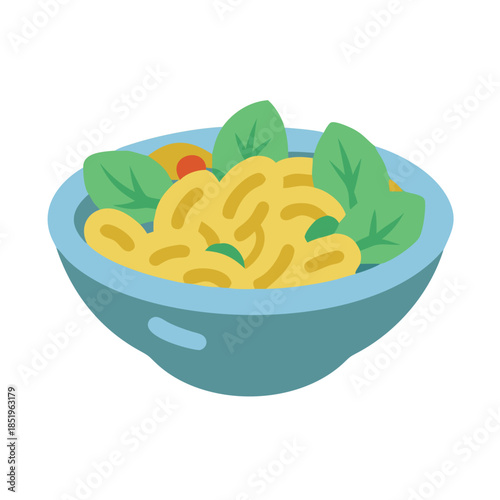 Pasta salad with spinach in light blue ceramic bowl