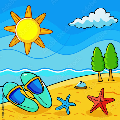 Beautiful colorful background for summer beach holiday. Sunglasses, starfish, turquoise flip-flops on sandy tropical beach against blue sky with clouds on bright sunny.