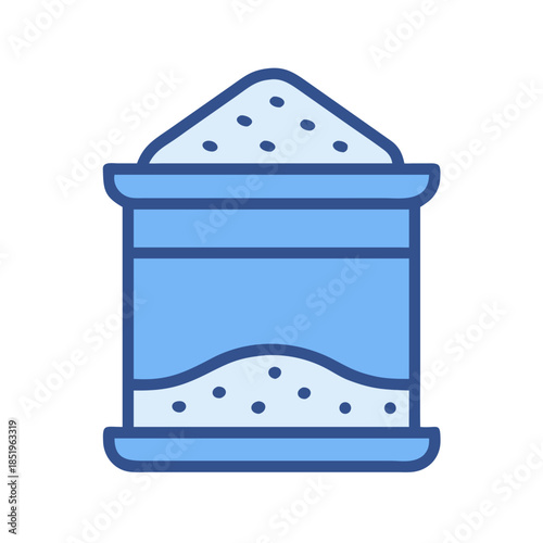 Stylized blue container overflowing with granules against a white background