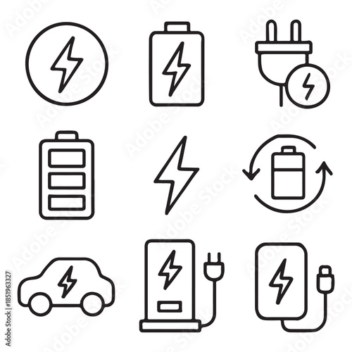 Containing charge, battery, energy, electricity, charger, recharge, electric car, charging station. Charging outline icon set vector