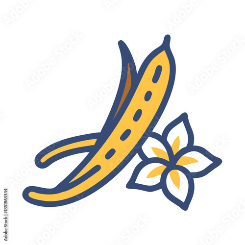 Stylized Vanilla Beans and Flower on white background