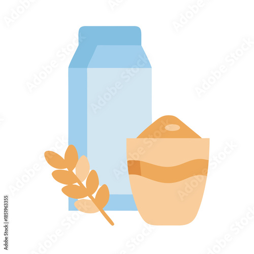 Oat milk carton and oatmeal ingredients on a white background