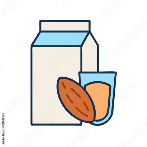 Almond milk carton with a glass and a nut