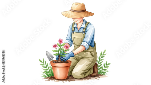 A gardener wearing a straw hat and overalls kneels to plant a pink flower in a pot, surrounded by greenery, with a trowel nearby