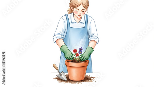 A woman planting flowers in a pot, surrounded by soil, with a trowel beside her