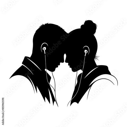 Couple sharing earphones, a silent moment of connection Vector