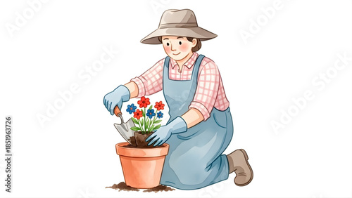 An idyllic illustration of a gardener cheerfully planting vibrant red and blue flowers into a terracotta pot with a trowel, embodying the joys of spring and nature's beauty through horticulture