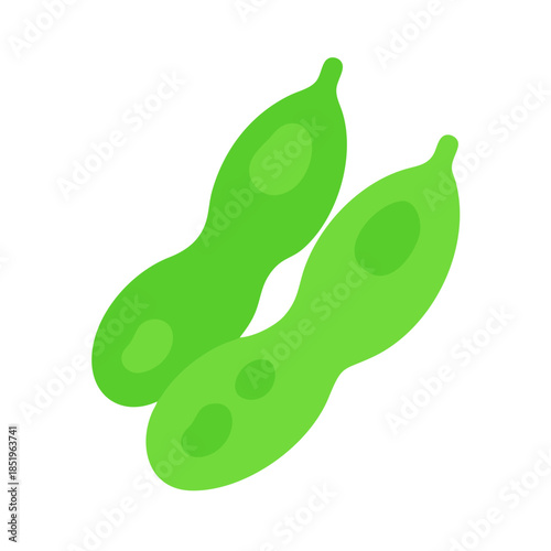 Two green edamame pods on white background close up