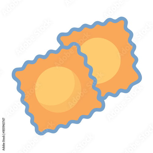 Two ravioli with blue trim on a white background