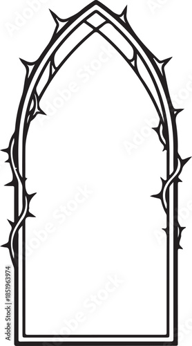 A minimalist black and white vector outline of a classic pointed gothic archway, entwined with a winding, asymmetrical vine of sharp thorns for a stark and dramatic architectural border.