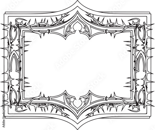 An elegant black and white vector frame featuring an ornate rectangular border with gothic architectural motifs, intricately enveloped by sharp, tangled thorny vines.