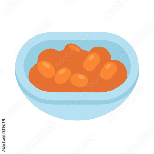 Baked beans in light blue bowl on white background