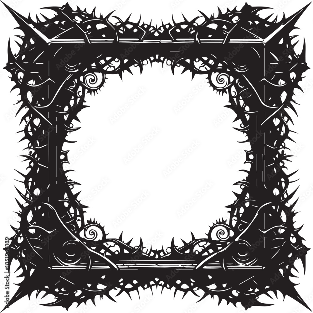 Obraz premium A black and white vector frame featuring a dark, heavy border with jagged, aggressive spikes and sharp thorn-like protrusions, creating a bold gothic or dark fantasy aesthetic.