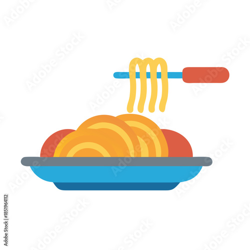 Stylized spaghetti and meatball dish illustration with fork