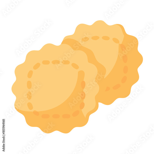 Two light brown ravioli pasta against a white background