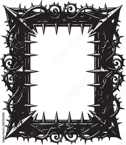 A menacing black vector frame featuring a thick rectangular border adorned with large, aggressive metal spikes and intertwined thorny vines for a dark, industrial gothic aesthetic.