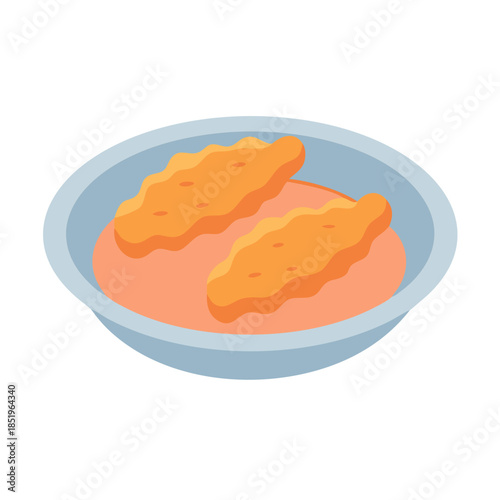 Delicious cartoon soup with wavy orange croutons illustration