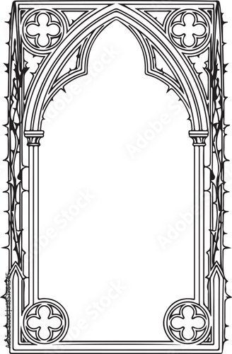 An elegant black and white vector frame featuring a tall gothic arch with ornate quatrefoil tracery at the corners, subtly lined with delicate thorny vines for a refined mystical look.