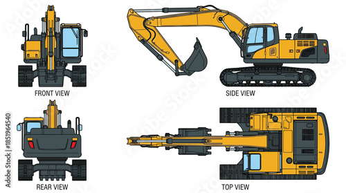 Orthographic views of a yellow excavator, including front, side, rear, and top perspectives.