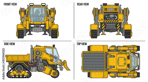 Orthographic views of a futuristic yellow construction vehicle with tracks and a front plow, showcasing its design from multiple angles.