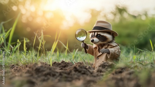 Cute raccoon detective with magnifying glass in a natural setting