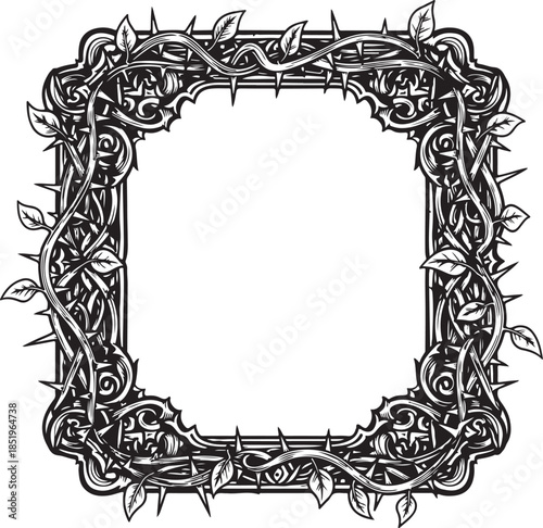 An intricate square vector frame featuring a thick, woven thicket of brambles and sharp thorns, intricately detailed with woodcut-style engraving for a classic gothic or nature-inspired look.