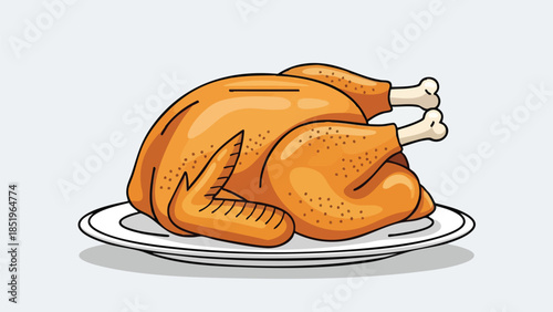 Roasted turkey on a plate with a clean white background, flat lay from above, warm golden tones, simple illustration.