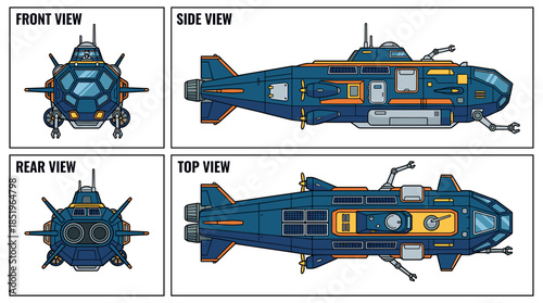 Orthographic views of a futuristic blue submarine with orange accents, showcasing front, side, rear, and top perspectives.