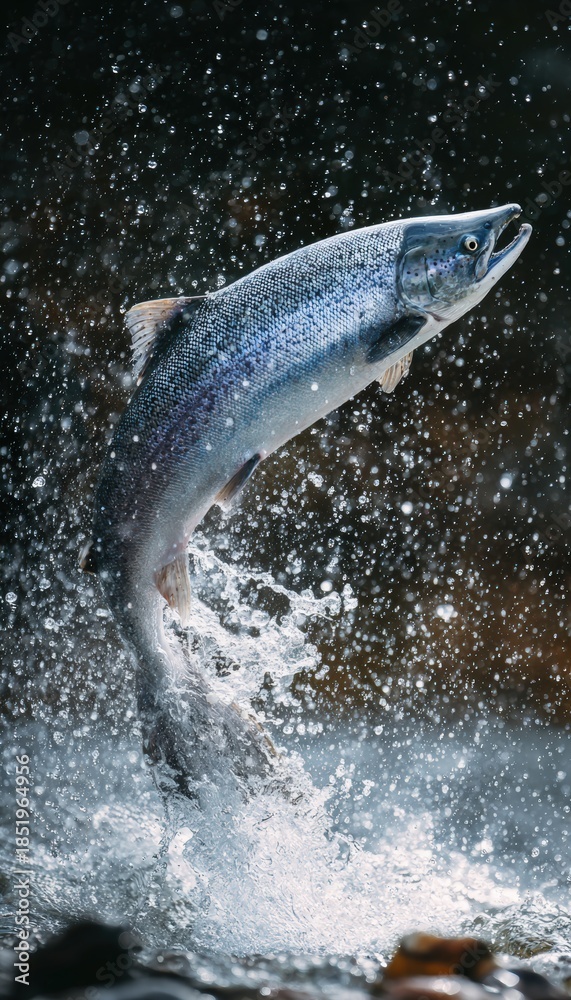 Obraz premium Salmon Leaping Near Riverbank Rocks with Frozen Water Droplets
