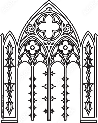 A black and white vector outline of a multi-paneled Gothic window with intricate tracery and decorative quatrefoil motifs, featuring sharp thorn-like spikes along its lower vertical columns.