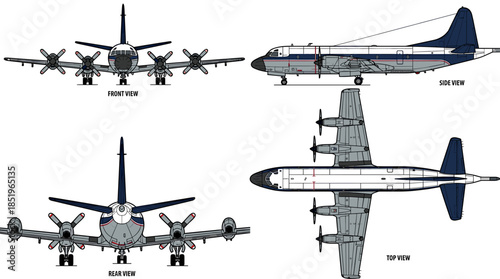 Orthographic views of a four-engine turboprop aircraft, showcasing front, rear, side, and top perspectives.