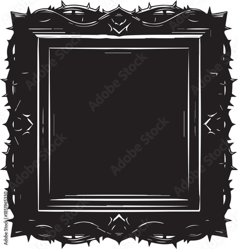 A solid black square frame with a heavy, ornate border featuring jagged spikes and sharp thorn-like protrusions, creating a bold gothic or dark fantasy aesthetic.