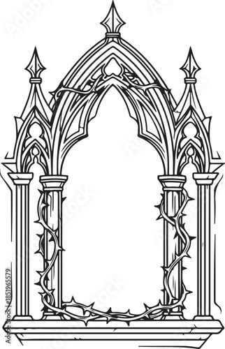 A sophisticated black and white vector illustration of a gothic archway with intricate architectural detailing and pointed spires, draped in a realistic crown of thorns.