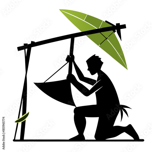 Man using a traditional fishing net under a large leaf umbrella at a river during daytime