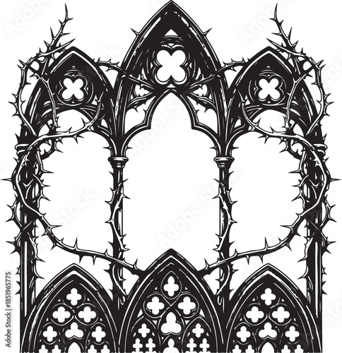 A sophisticated black and white vector illustration featuring triple gothic arches with ornate tracery, intertwined with a detailed crown of thorns for a dark, religious aesthetic.