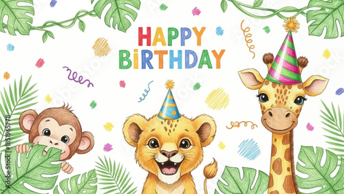 Kids cute animal print, hand drawn happy birthday party cartoon colorful pencil postcard elements. Baby lion, monkey face, giraffe in funny hat, holiday confetti scribble. Jungle kids animal poster