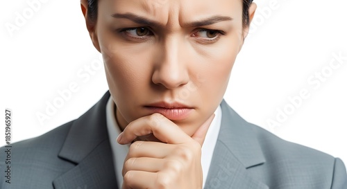 A serious businesswoman with furrowed brows and a hand on her chin, deeply contemplating a difficult decision.