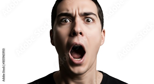 Close-up portrait of a shocked young man with wide eyes and open mouth screaming in surprise.