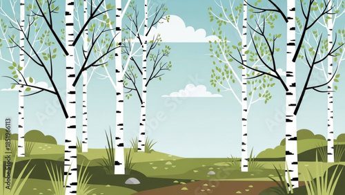 Serene landscape with white birch trees in a lush green forest with blue sky and fluffy clouds