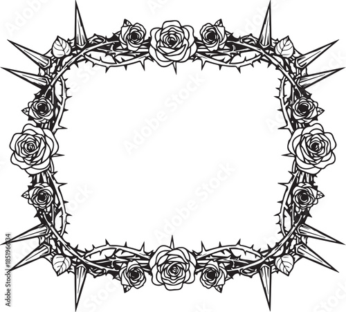 A rectangular vector frame featuring a border of intertwined thorny vines and blooming roses with sharp, aggressive spikes. A blend of romantic and gothic aesthetics in black and white line art.